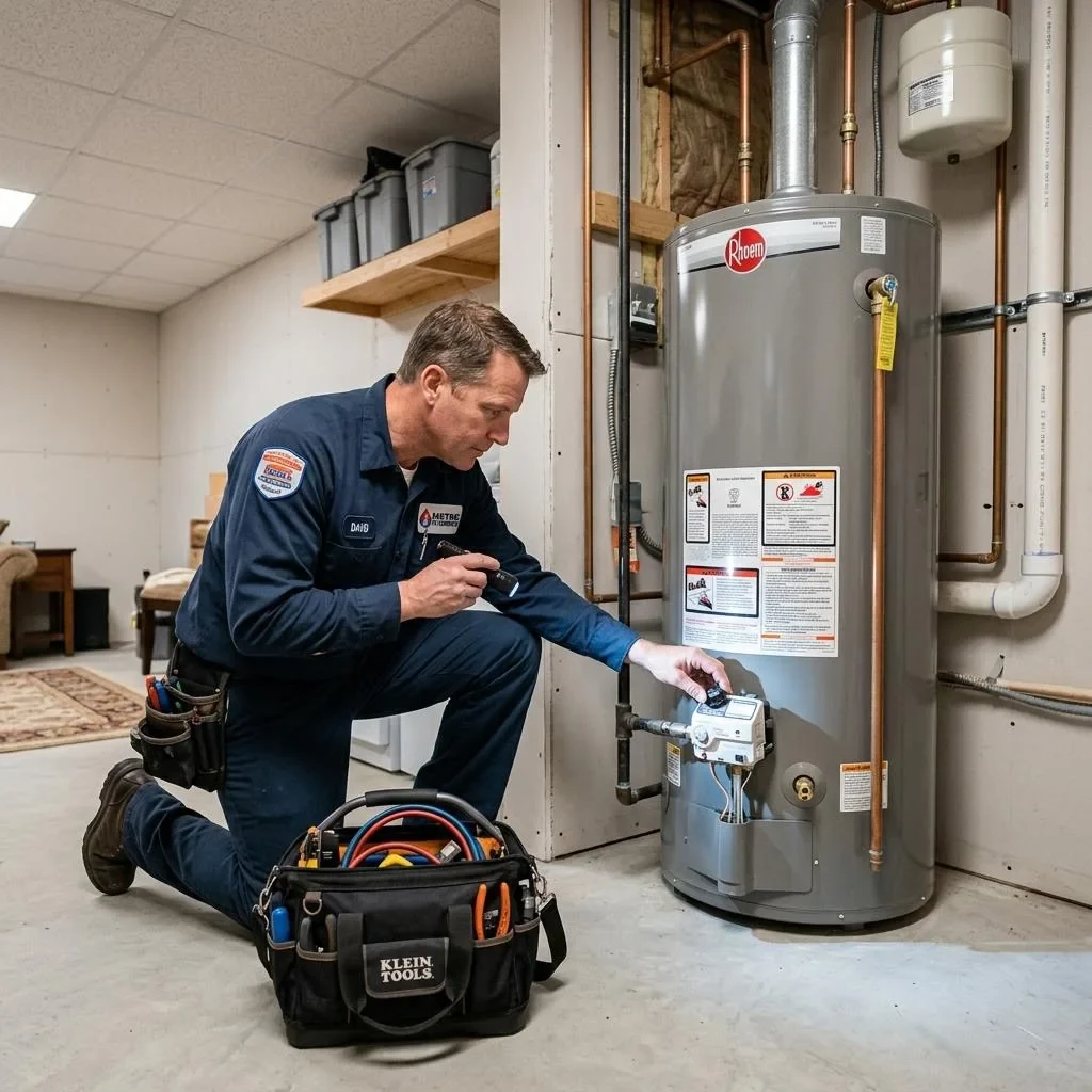Technician inspecting a tank water heater in an Attleboro basement