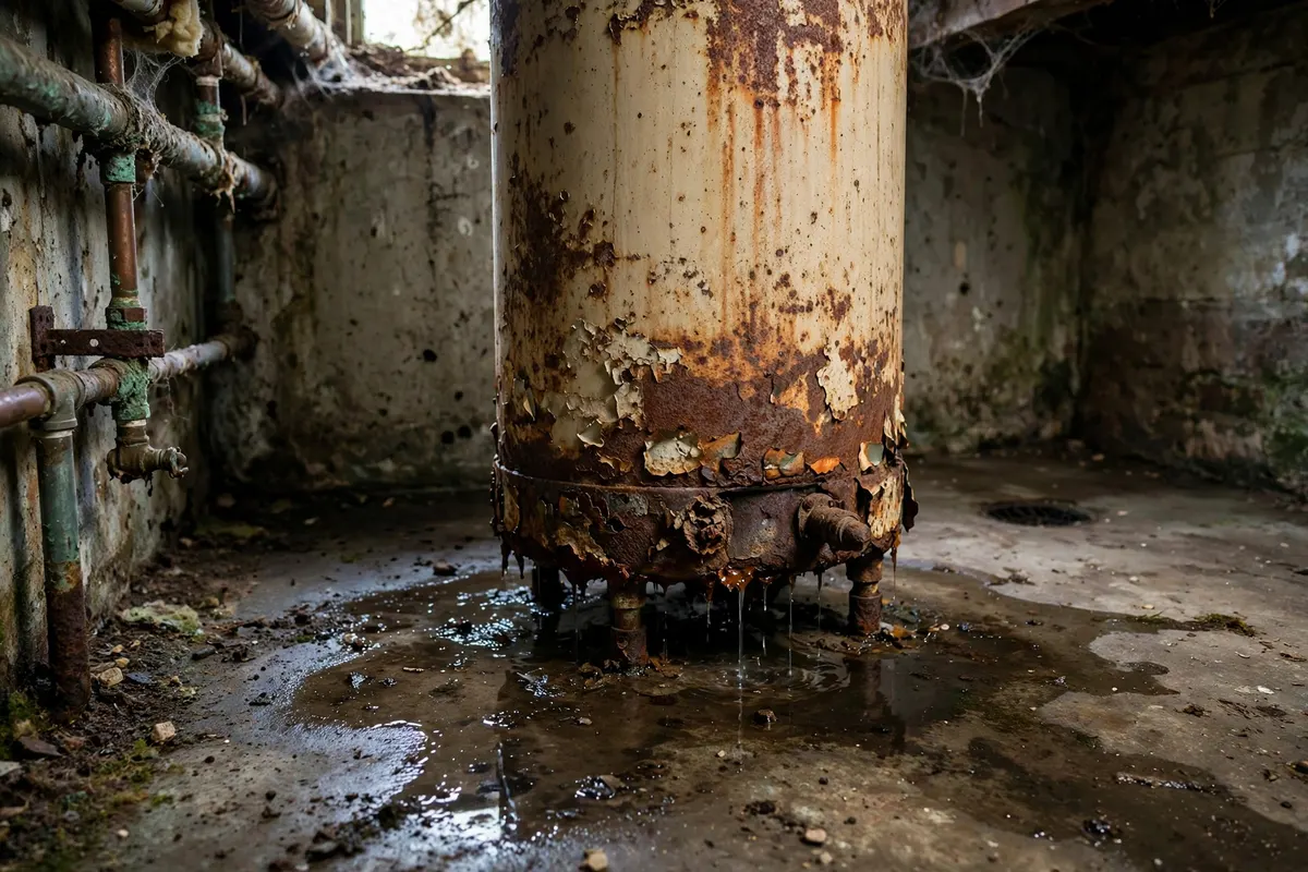 Old tank rusting and leaking at the base