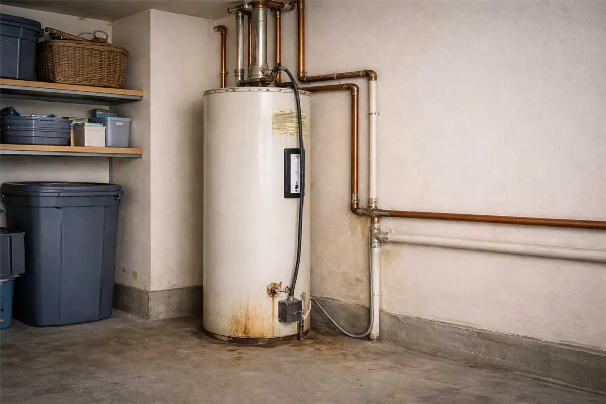 Old water heater with rust at its base in an Attleboro basement