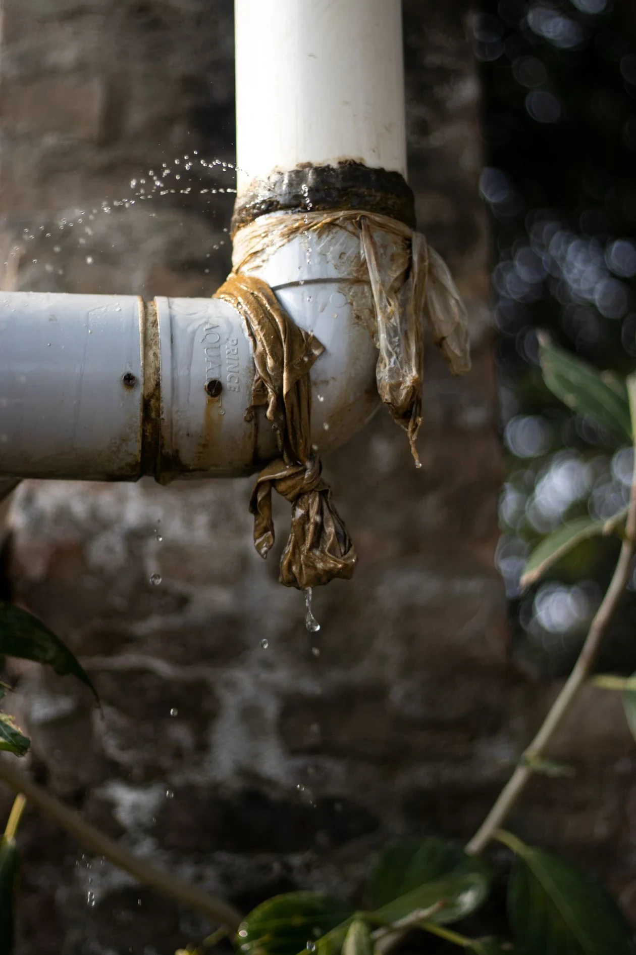 Water leaking from a worn pipe joint on a water heater line