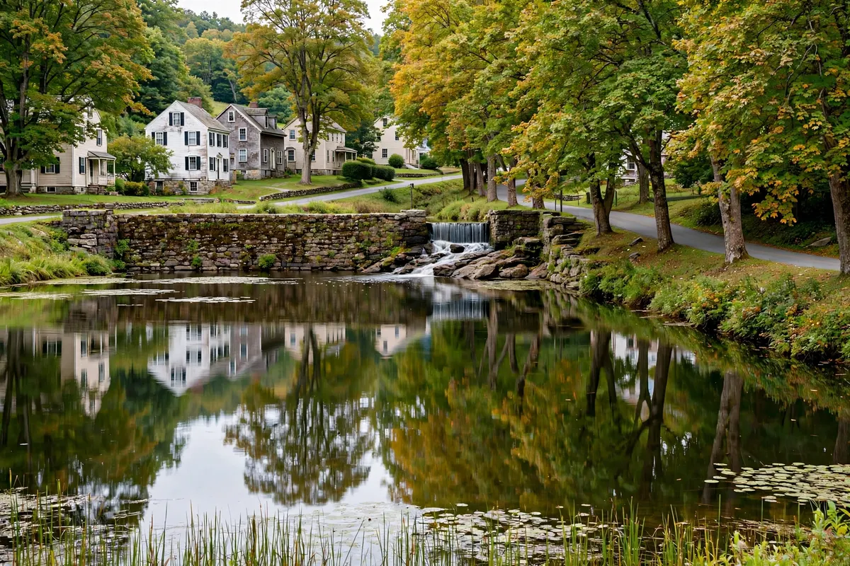 Village pond and homes in Hebronville, Attleboro