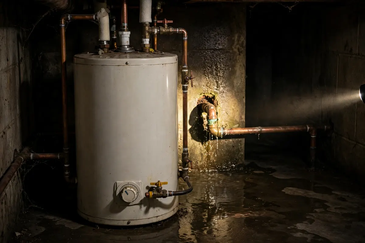 Water on the floor, dry looking tank