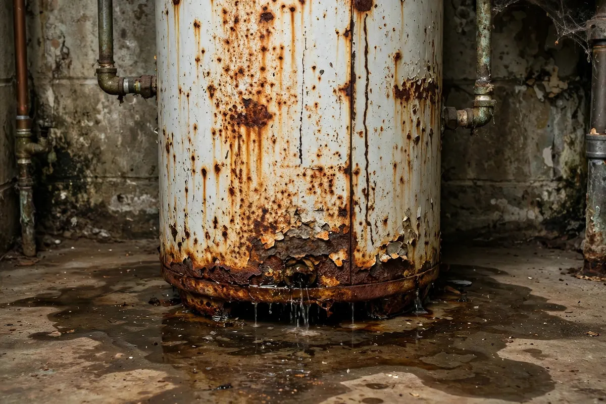 Old rusty water heater leaking at the base