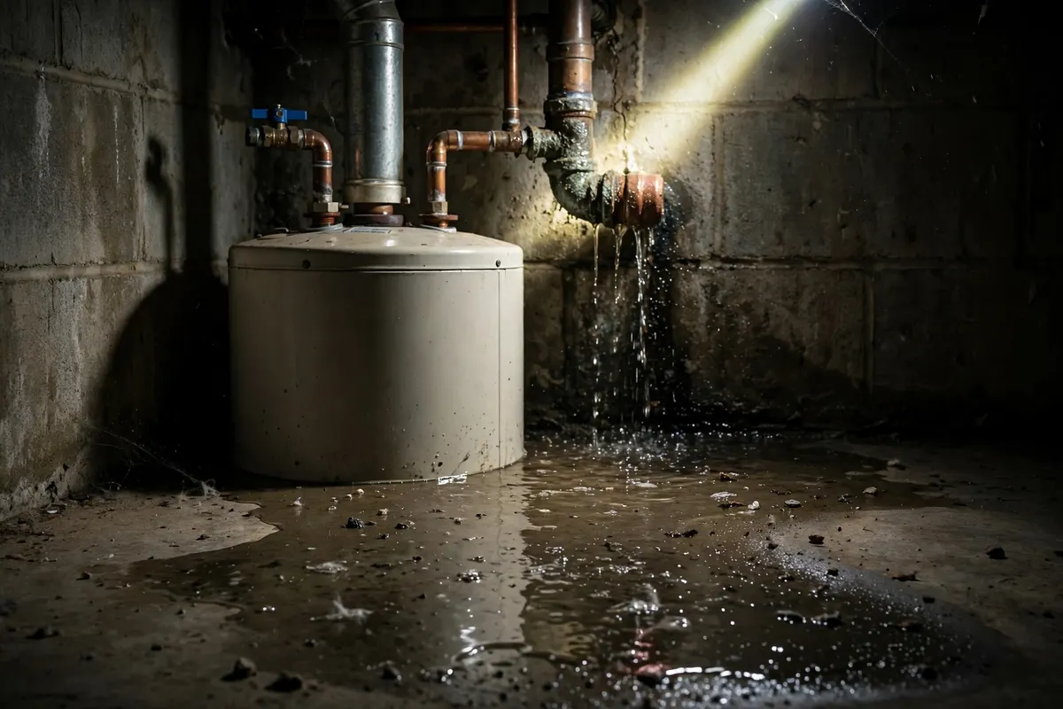 Pipe leaking in a dark basement, lit by a flashlight beam