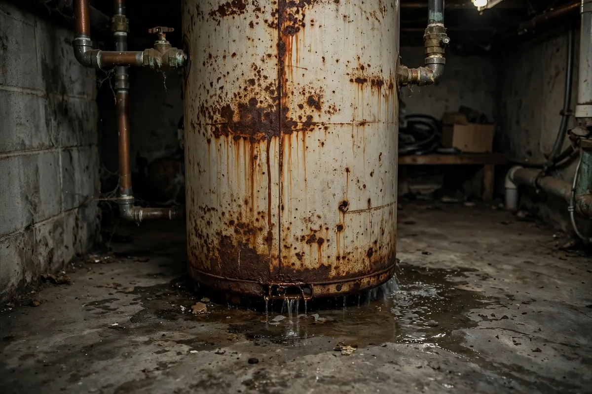 Old rusty water heater leaking at the base with a puddle under it