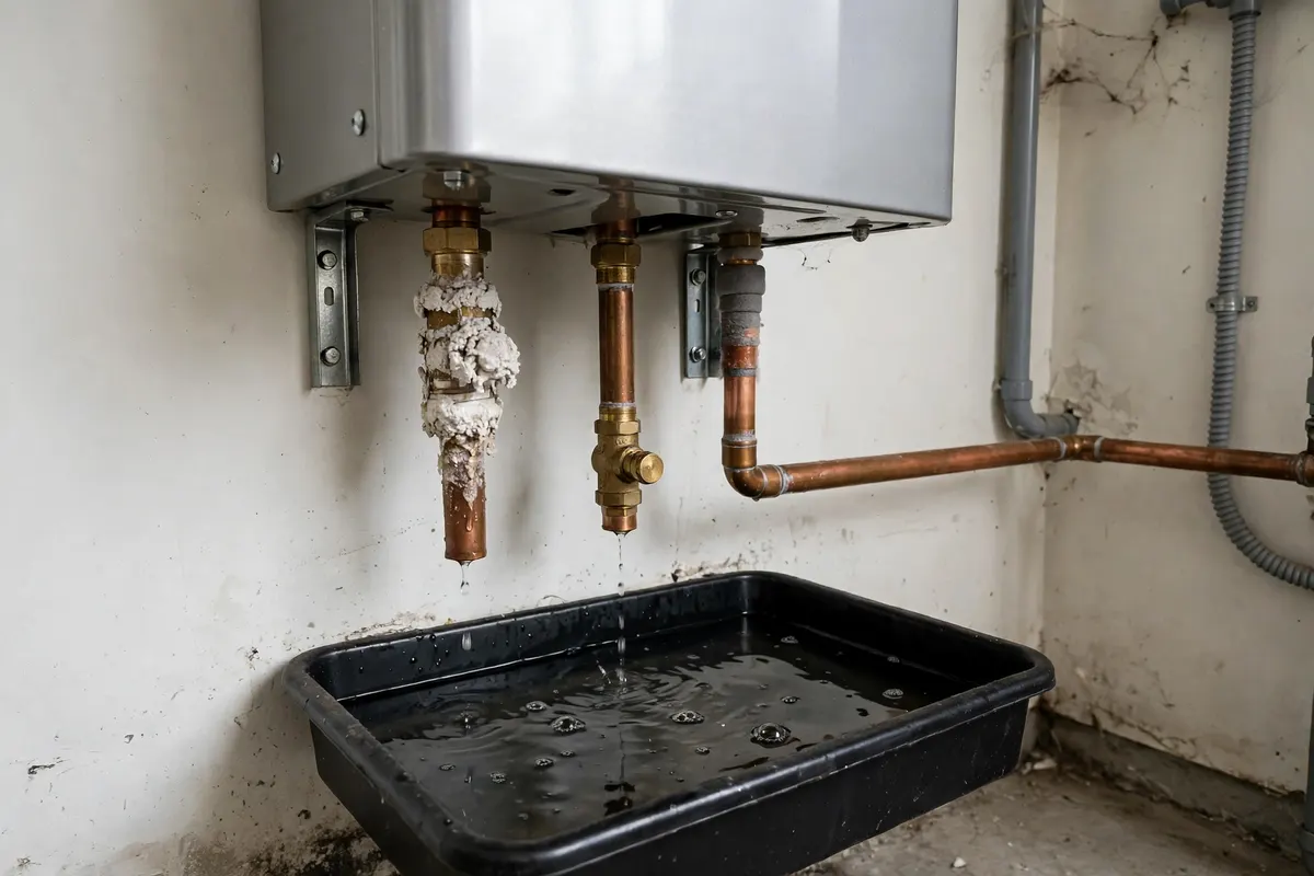 Tankless water heater fitting dripping into a tray under the unit