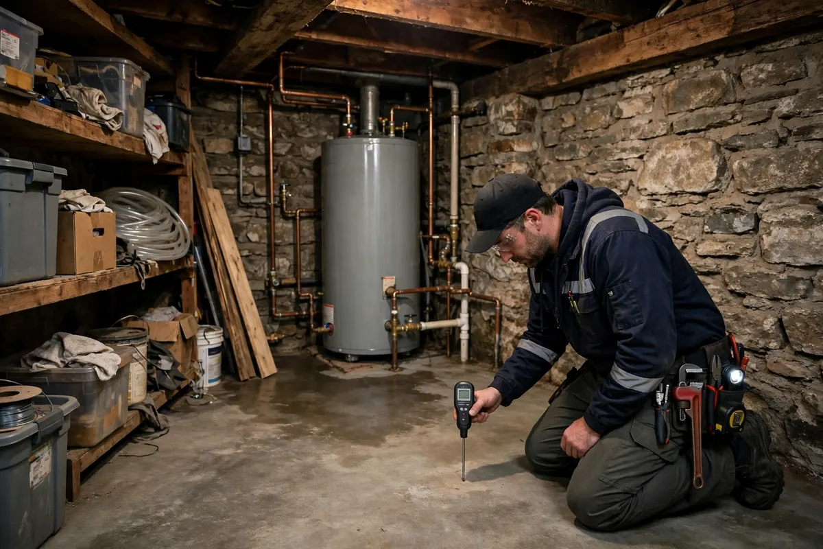 Technician checking for moisture around a Briggs Corner water heater
