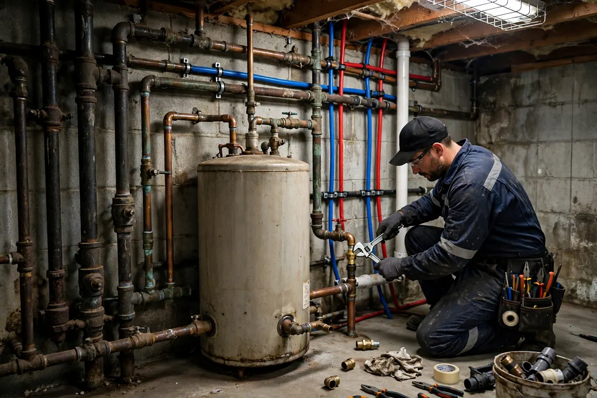 Technician tightening a fitting in a Dodgeville basement