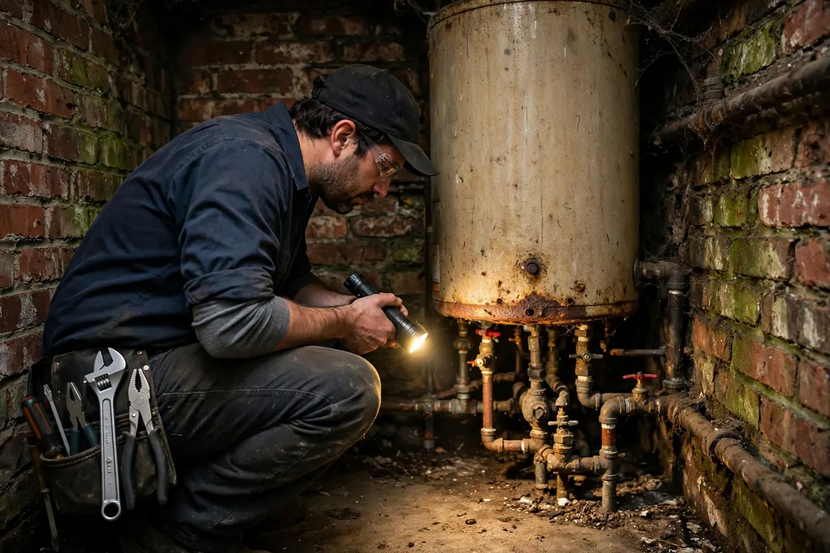 Technician checking an older water heater in a tight Downtown Attleboro basement