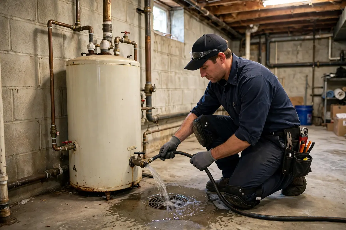Technician flushing a water heater on the East Side of Attleboro
