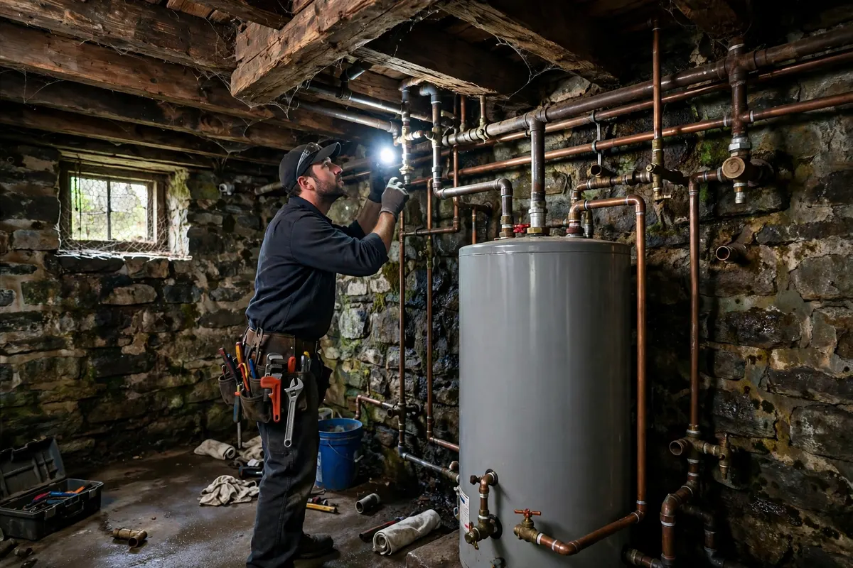 Technician inspecting pipes in an old Hebronville mill house basement