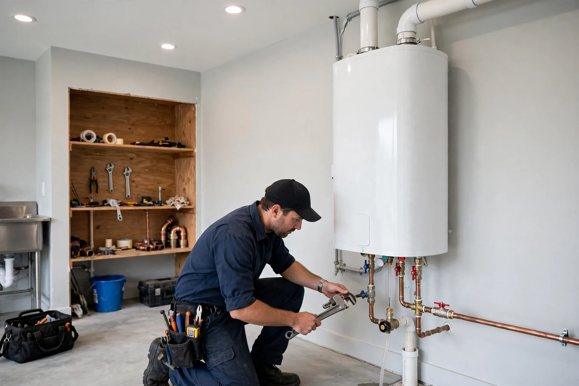 Technician checking valves on a newer Pine Crest water heater
