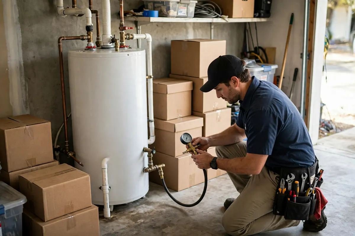 Technician testing a water heater in a South Attleboro garage