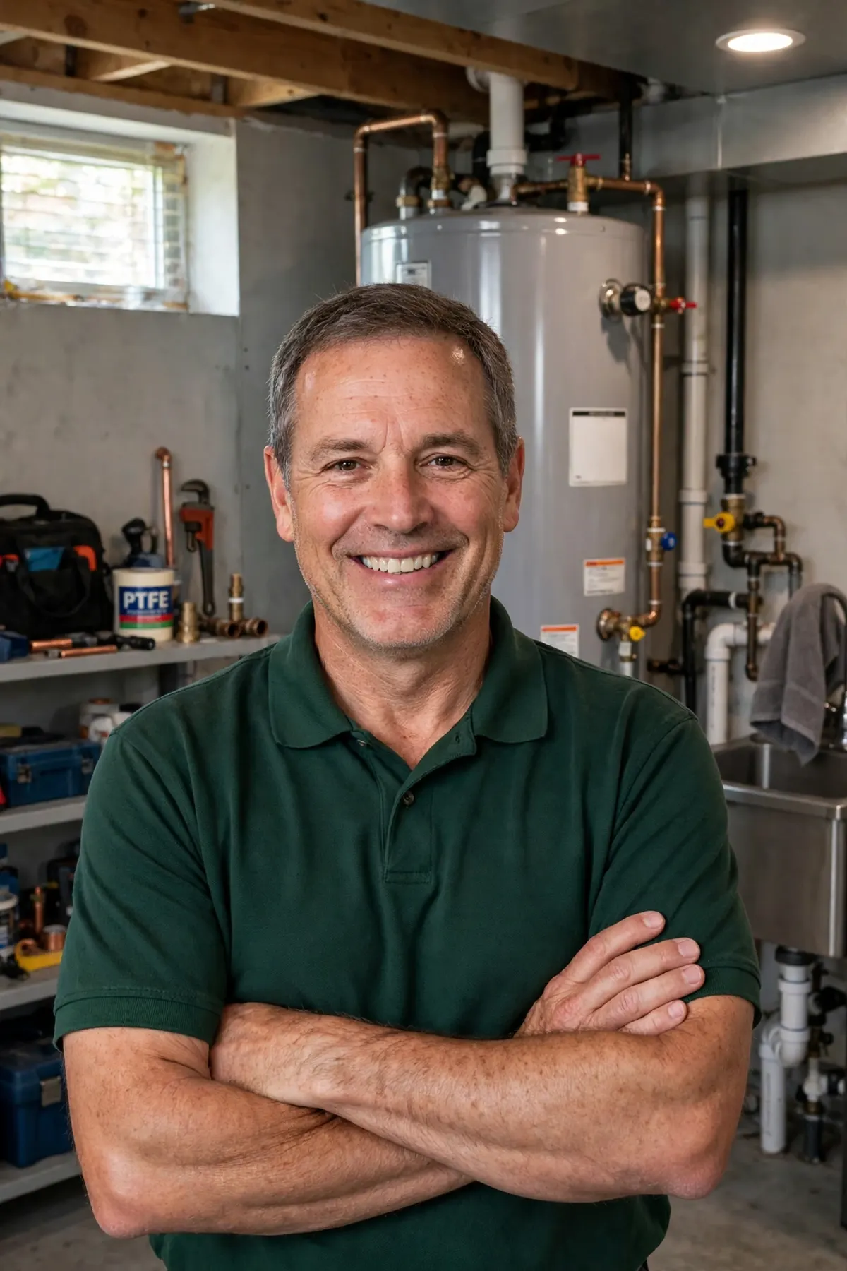 Kevin Doyle, owner of Attleboro Leak Experts, standing in front of a water heater