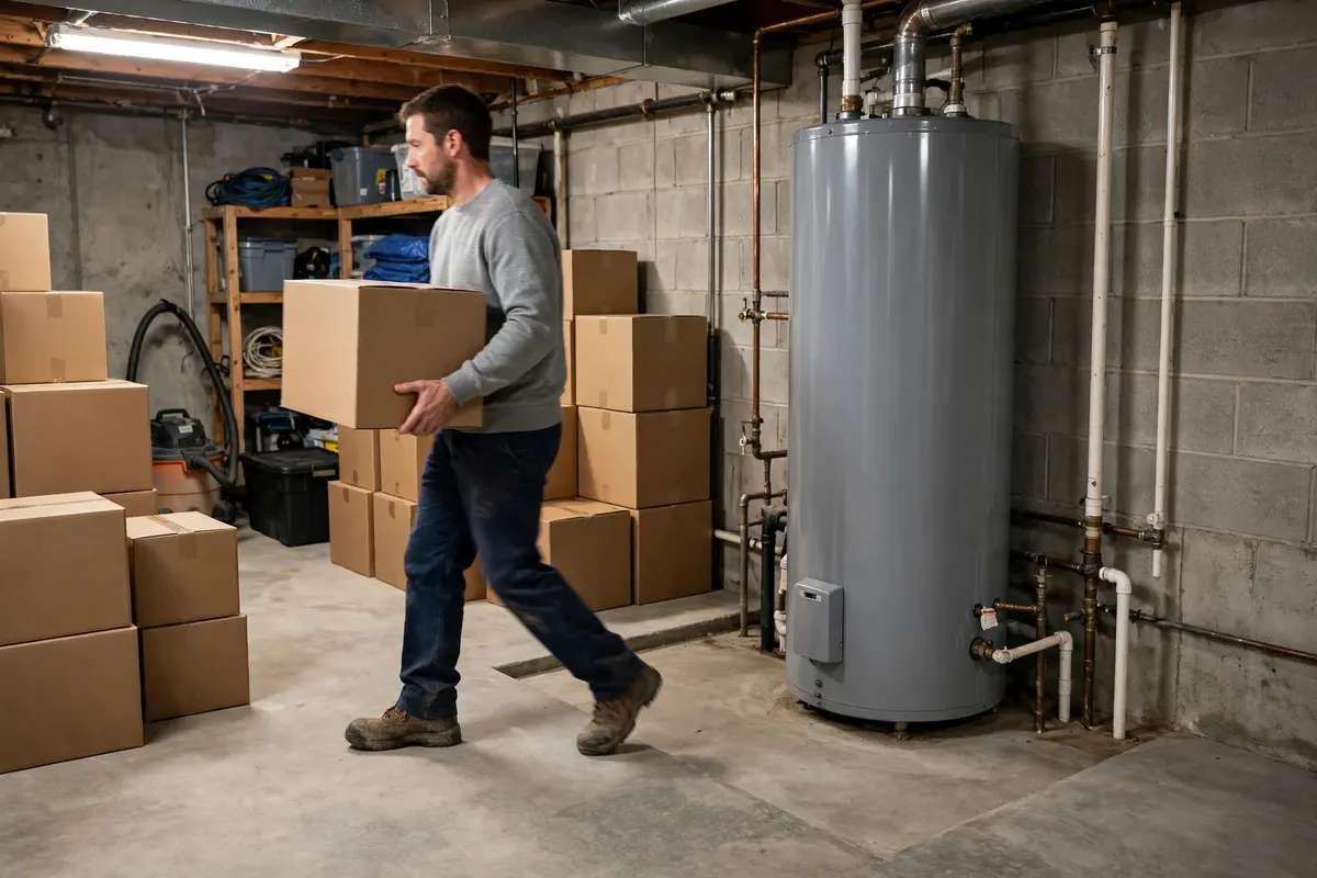 Homeowner clearing space around a tank water heater before a repair visit