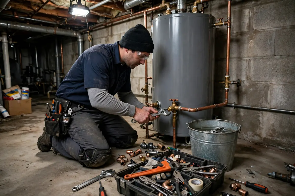 Plumber repairing a valve on a tank water heater
