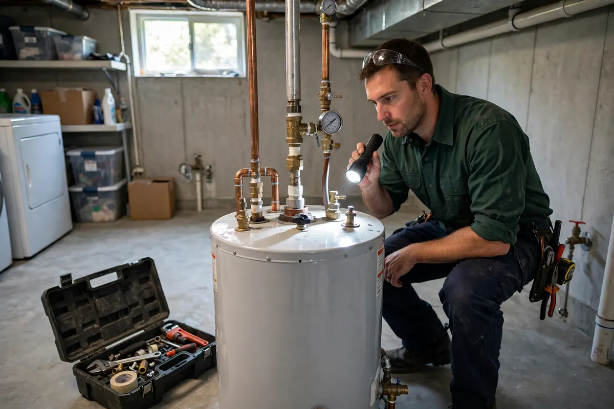 Technician inspecting a water heater with a flashlight and pressure gauge during a visit