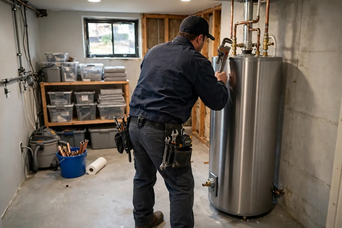 Technician finishing a new water heater installation