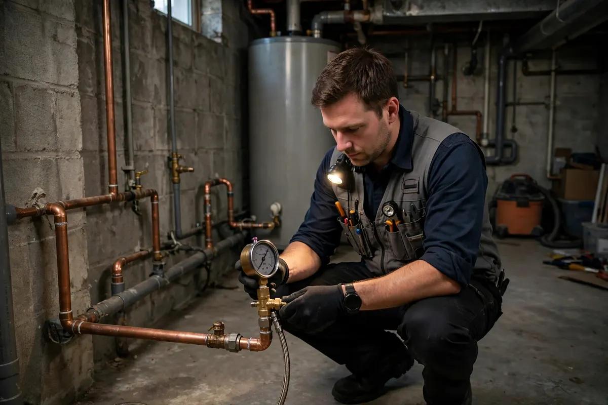 Technician pressure testing water heater pipes with a gauge