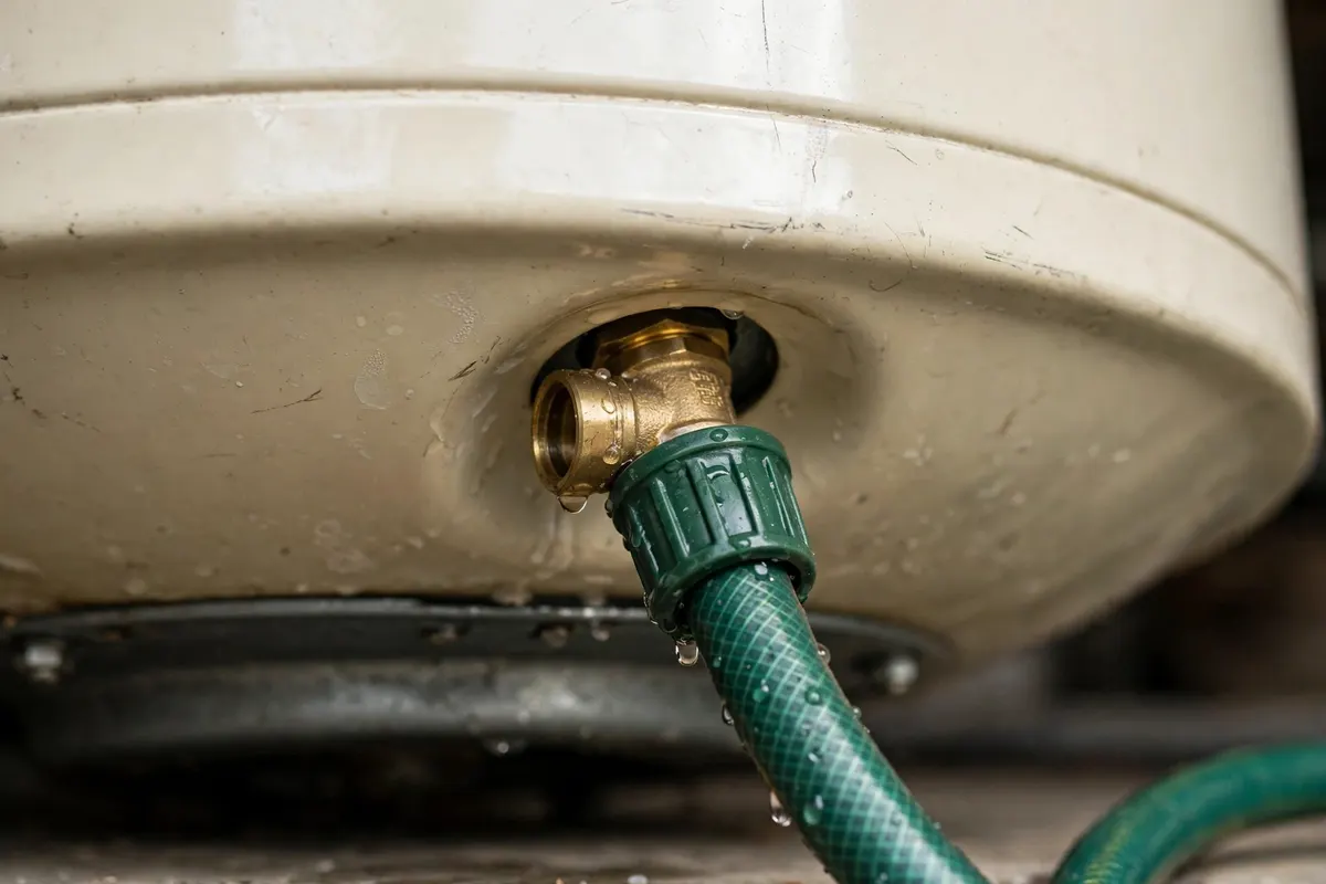 Drain valve at the bottom of a water heater with a hose attached