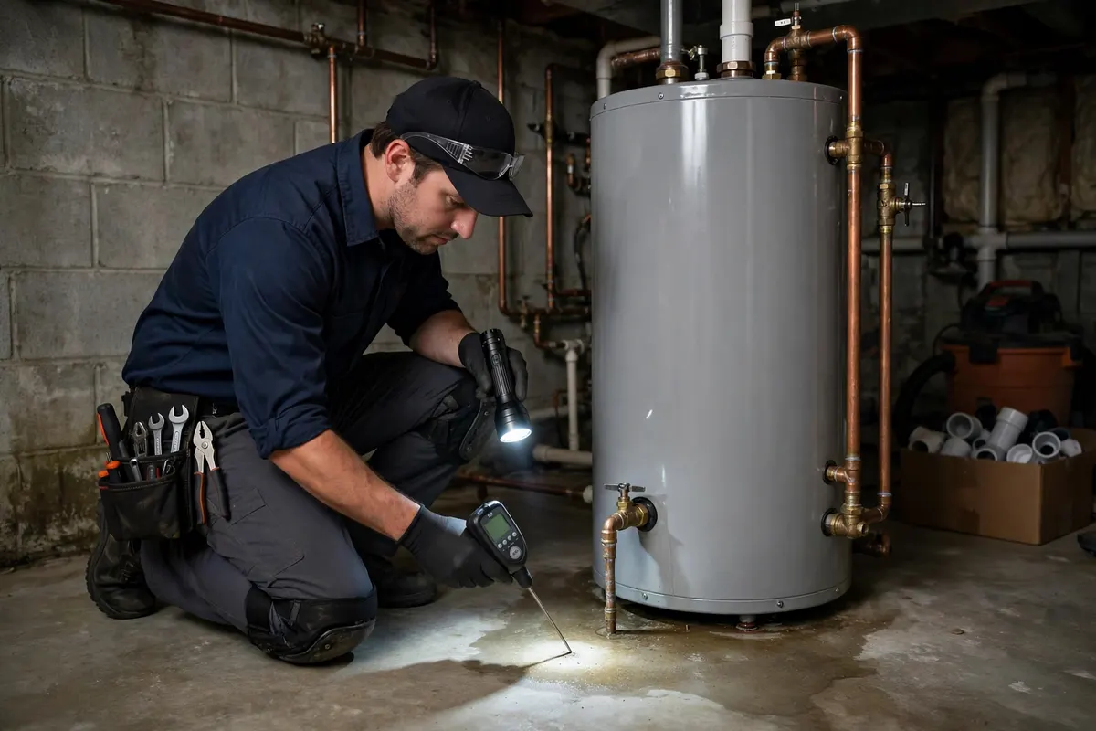 Technician checking a water heater for a leak in an Attleboro basement