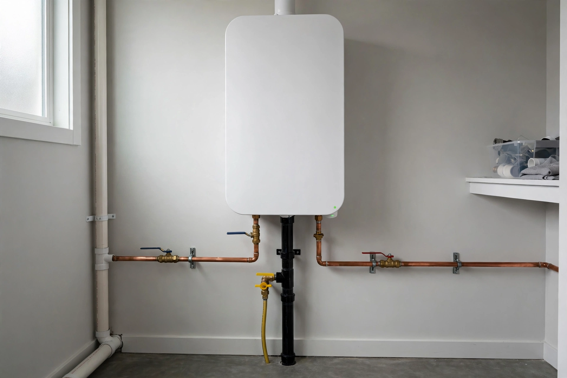 Tankless water heater mounted on a wall in an Attleboro utility room