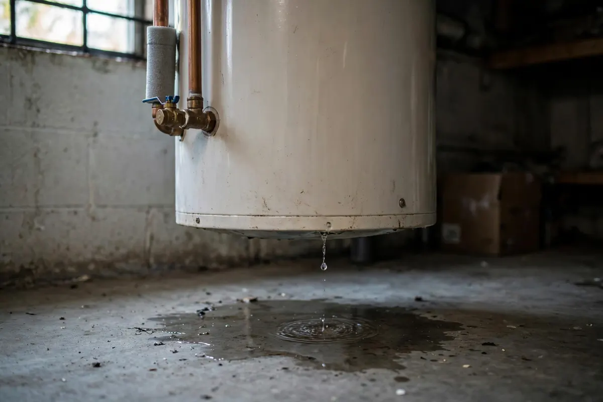Puddle of water under a leaking water heater