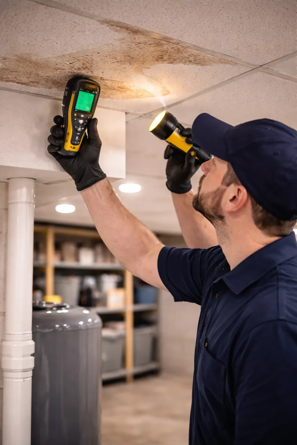 Technician using a moisture meter and flashlight to find a hidden water heater leak