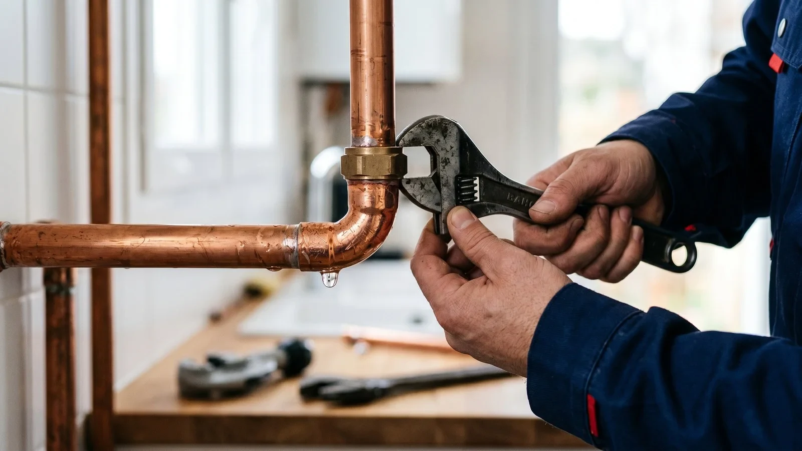 Technician tightening a copper pipe joint on a water heater line