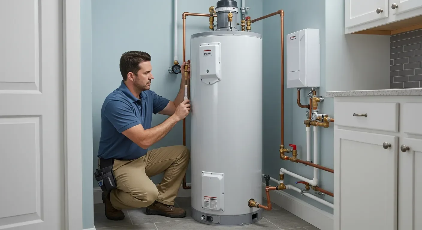 Technician checking the connections on a newly fitted water heater