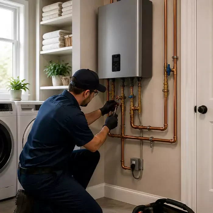 Technician servicing a tankless water heater and its copper pipes