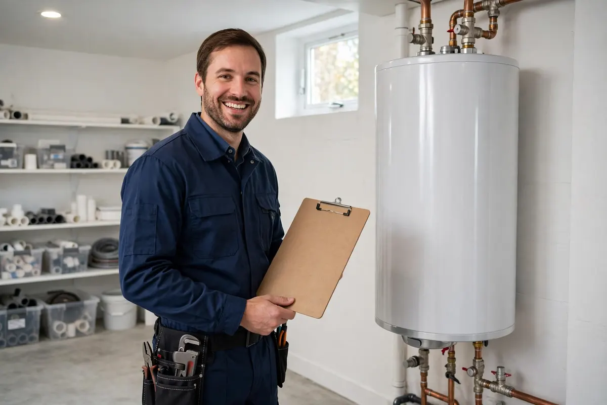 Technician with a clipboard next to a water heater